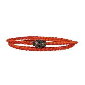 Tateossian London Leather Braided Rope Gray Silver Skull Bracelet Orange